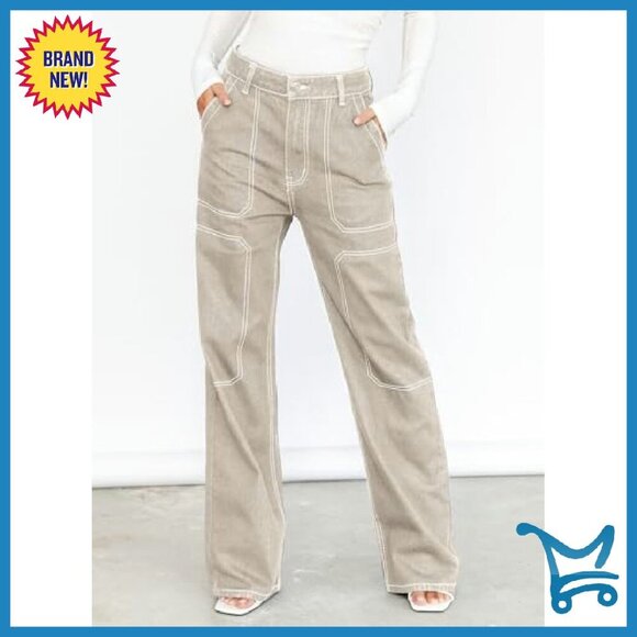 Mid Waist Cargo Jeans Stretch Button Wide Leg Denim Pants - Picture 3 of 8